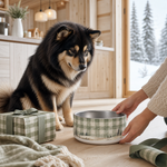 Sage Gingham Snowfield Finnish Lapphund 32oz dog bowl gift scene