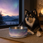 Polar Twilight Finnish Lapphund 32oz dog bowl in a cozy home setting