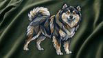 Finnish Lapphund Geometric Mosaic Mountain Adventure T-Shirt design close-up on a Finnish Lapphund t-shirt