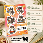 Specs and details for the Finnish Lapphund Food & Treats Sticker Sheet – Pizza, Ice Cream & Snack Time Finnish Lapphund sticker sheet