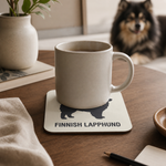 Finnish Lapphund Classic Silhouette Cork-Back Coaster Finnish Lapphund cork-back coaster in use on a table