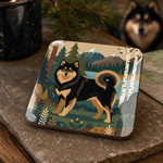 Glossy print detail on the Finnish Lapphund Nordic Mountain Lake Illustration Cork-Back Coaster Finnish Lapphund coaster