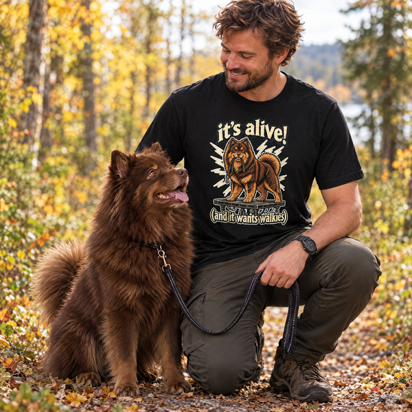 Finnish Lapphund It's Alive Frankenpup Halloween T-Shirt Finnish Lapphund t-shirt worn, lifestyle photo