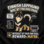 Finnish Lapphund Dog Park NPC T-Shirt design close-up on a Finnish Lapphund t-shirt