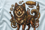 Finnish Lapphund Steampunk Chrono-Guardian Adventure T-Shirt design close-up on a Finnish Lapphund t-shirt
