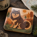 Glossy print detail on the Finnish Lapphund Autumn Landscape Illustration Cork-Back Coaster Finnish Lapphund coaster