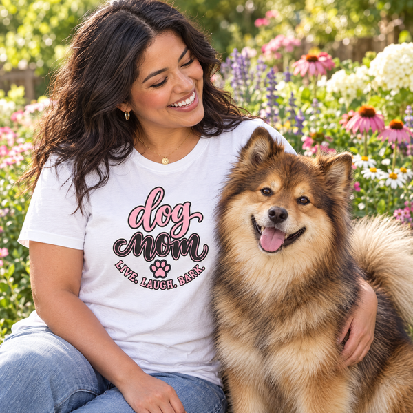 Finnish Lapphund Dog Mom Live Laugh Bark T-Shirt Finnish Lapphund t-shirt worn, lifestyle photo