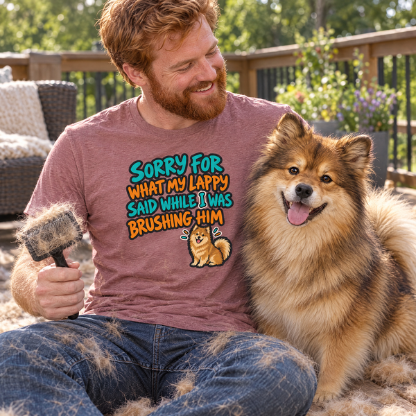 Finnish Lapphund Sorry for What My Lappy Said While I Was Brushing Him T-Shirt Finnish Lapphund t-shirt worn, lifestyle photo