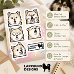 Specs and details for the Finnish Lapphund Goofy Surprise Sticker Sheet – Wide Eyes, Funny Faces & Playful Shock Finnish Lapphund sticker sheet