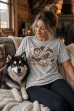 Finnish Lapphund Cozy Hoodie Cabin Snuggles Graphic T-Shirt Finnish Lapphund t-shirt worn, lifestyle photo