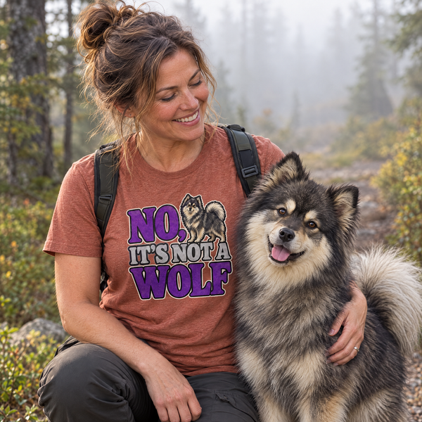 Finnish Lapphund No, It's Not a Wolf T-Shirt Finnish Lapphund t-shirt worn, lifestyle photo