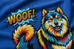 Finnish Lapphund Colorburst Woof Tee design close-up on a Finnish Lapphund t-shirt