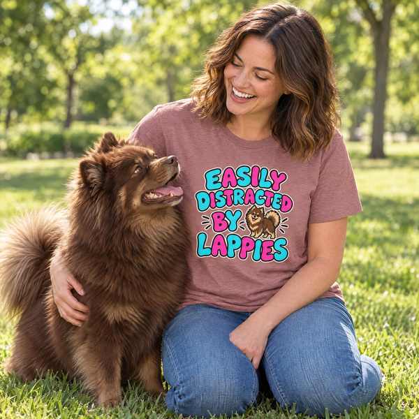 Finnish Lapphund Easily Distracted by Lappies T-Shirt Finnish Lapphund t-shirt worn, lifestyle photo
