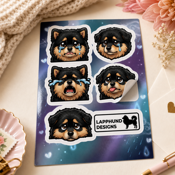 Finnish Lapphund Sad Expressions Sticker Sheet – Teary Eyes, Comfort Moments & Emotional Faces Finnish Lapphund t-shirt worn, lifestyle photo