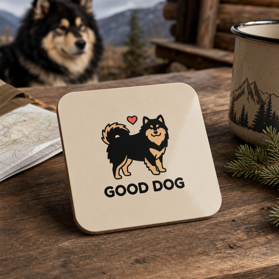 Finnish Lapphund “Good Dog” Illustration Cork-Back Coaster Finnish Lapphund cork-back coaster