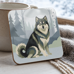 Glossy print detail on the Finnish Lapphund Nordic Forest Illustration Cork-Back Coaster Finnish Lapphund coaster