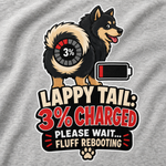 Finnish Lapphund Lappy Tail 3% Charged T-Shirt design close-up on a Finnish Lapphund t-shirt