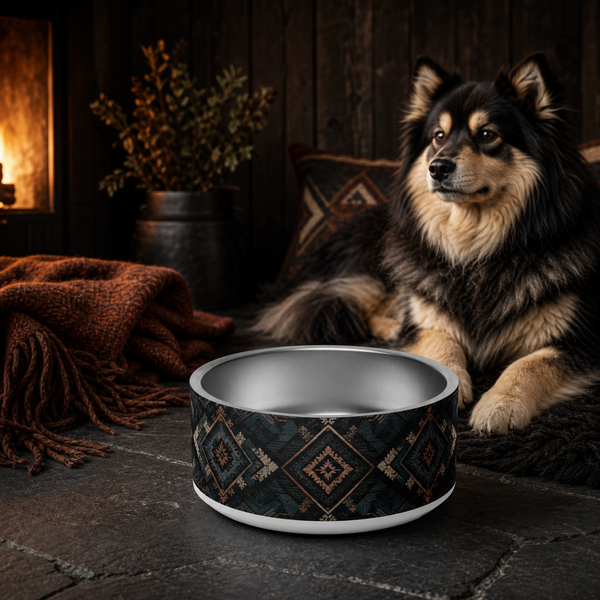 Lappy Lodge Noir Finnish Lapphund 32oz dog bowl in a cozy home setting