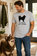 Finnish Lapphund Life is Better with a Lapphund Minimalist Graphic T-Shirt Finnish Lapphund t-shirt worn, lifestyle photo