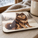 Glossy print detail on the Finnish Lapphund Winter Cabin Illustration Cork-Back Coaster Finnish Lapphund coaster