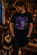 Finnish Lapphund Wizard Spellbook Fantasy Illustration T-Shirt Finnish Lapphund t-shirt worn, lifestyle photo