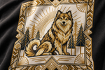 Finnish Lapphund Art Deco Wilderness Sunburst Illustration T-Shirt design close-up on a Finnish Lapphund t-shirt