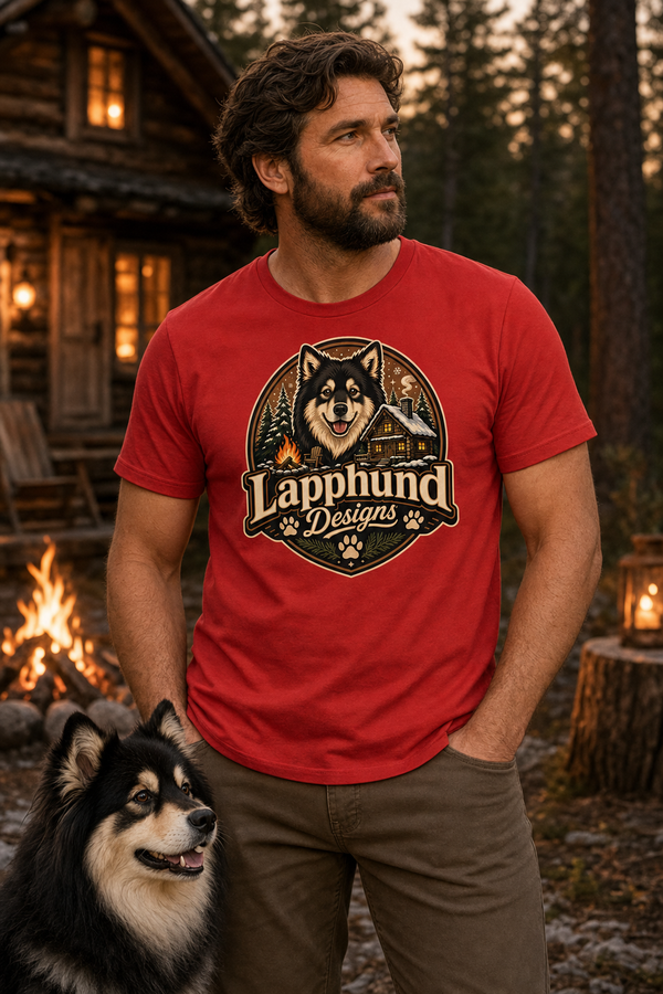 Finnish Lapphund Cabin Campfire Badge T-Shirt Finnish Lapphund t-shirt worn, lifestyle photo