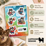 Specs and details for the Finnish Lapphund Sports & Athletics Sticker Sheet – Soccer, Basketball & Skiing Finnish Lapphund sticker sheet