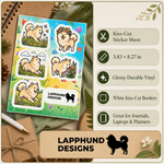 Specs and details for the Finnish Lapphund Spring Meadows Sticker Sheet – Flowers, Sunshine & Playful Joy Finnish Lapphund sticker sheet
