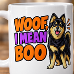 Printed design close-up on the Finnish Lapphund Woof, I Mean Boo Halloween Mug Finnish Lapphund mug