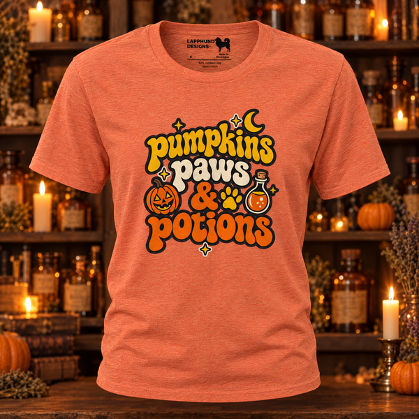 Finnish Lapphund Pumpkins, Paws & Potions Halloween T-Shirt Finnish Lapphund t-shirt