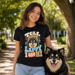 Finnish Lapphund Tell Your Lappy Hi T-Shirt Finnish Lapphund t-shirt worn, lifestyle photo