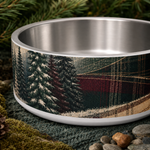 Evergreen Tartan Trail design detail on a Finnish Lapphund 32oz dog bowl