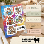 Specs and details for the Finnish Lapphund Career Adventures Sticker Sheet – Doctor, Firefighter & Artist Finnish Lapphund sticker sheet