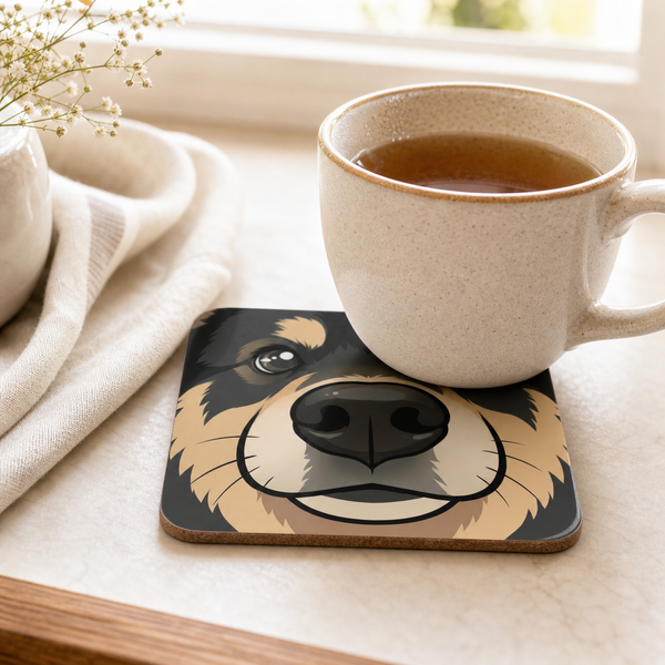Finnish Lapphund Black and Tan Face Cork-Back Coaster Finnish Lapphund cork-back coaster in use on a table