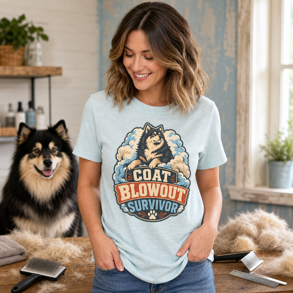 Finnish Lapphund Coat Blowout Survivor T-Shirt Finnish Lapphund t-shirt worn, lifestyle photo