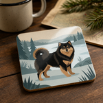 Glossy print detail on the Finnish Lapphund Nordic Lakeside Illustration Cork-Back Coaster Finnish Lapphund coaster