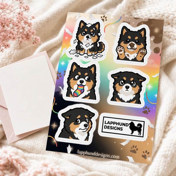 Individual peel detail of the Finnish Lapphund Goofy Puppy Sticker Sheet – Playful Reactions, Silly Faces & Fun Expressions Finnish Lapphund sticker sheet