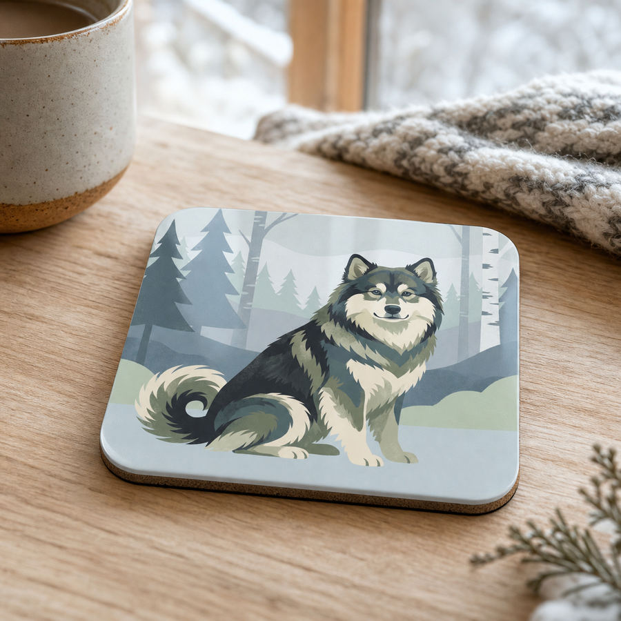 Finnish Lapphund Nordic Forest Illustration Cork-Back Coaster Finnish Lapphund cork-back coaster