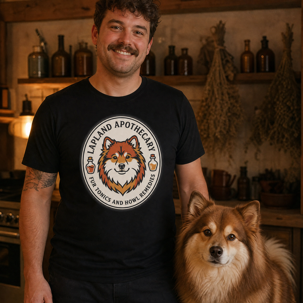 Finnish Lapphund Lapland Apothecary Halloween T-Shirt Finnish Lapphund t-shirt worn, lifestyle photo