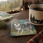 Finnish Lapphund Gray Forest Illustration Cork-Back Coaster Finnish Lapphund cork-back coaster in use on a table