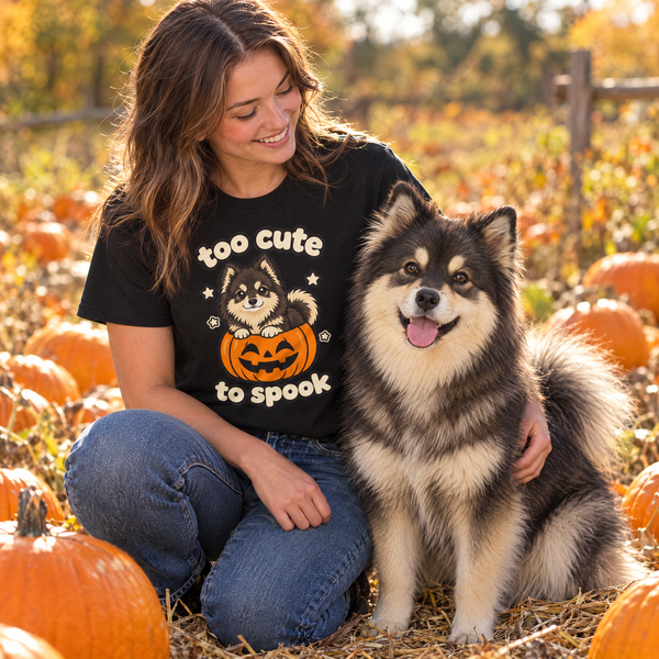 Finnish Lapphund Too Cute to Spook Halloween T-Shirt Finnish Lapphund t-shirt worn, lifestyle photo