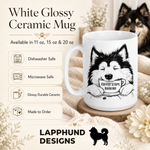 Care and product info for the Finnish Lapphund Mug Coffee Stops Barking Nordic Dog Gift Finnish Lapphund mug