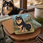 Cork backing and size of the Finnish Lapphund Mountain Meadow Illustration Cork-Back Coaster Finnish Lapphund coaster