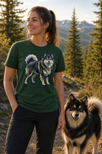 Finnish Lapphund Geometric Mosaic Mountain Adventure T-Shirt Finnish Lapphund t-shirt worn, lifestyle photo