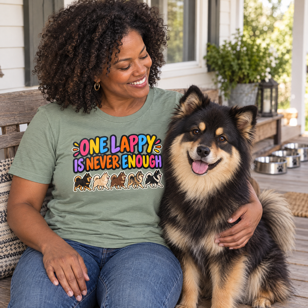 Finnish Lapphund One Lappy Is Never Enough T-Shirt Finnish Lapphund t-shirt worn, lifestyle photo