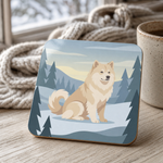 Glossy print detail on the Finnish Lapphund Cream Winter Scene Cork-Back Coaster Finnish Lapphund coaster