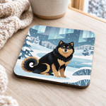 Finnish Lapphund Northern Lights Winter Illustration Cork-Back Coaster Finnish Lapphund cork-back coaster