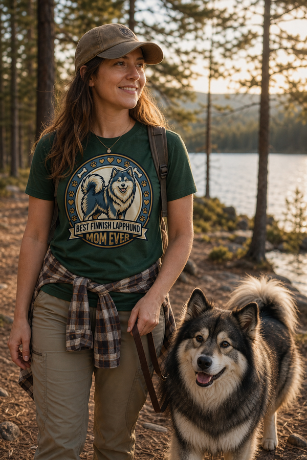 Finnish Lapphund Best Mom Ever Tee Finnish Lapphund t-shirt worn, lifestyle photo
