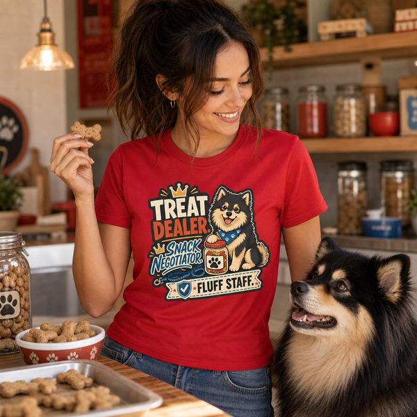 Finnish Lapphund Treat Dealer T-Shirt Finnish Lapphund t-shirt worn, lifestyle photo